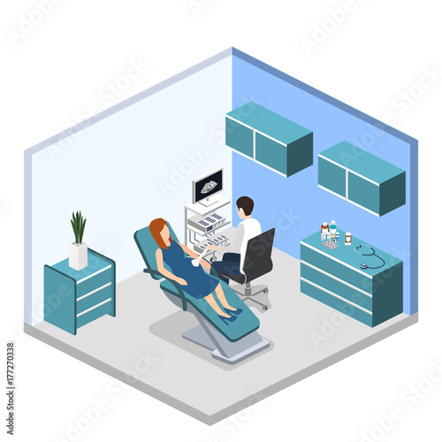 Isometric 3D vector illustration pregnant woman at a doctor's appointment