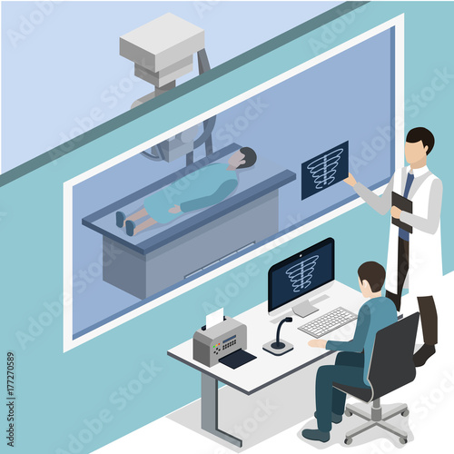 Isometric 3D vector illustration roentgen x-ray study.