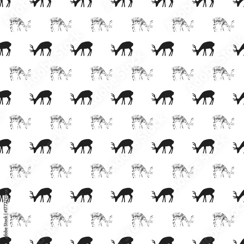 Christmas New Year seamless pattern with deer  reindeer. Holiday black background. Silver white deer. Xmas winter doodle decoration. Silver texture. Hand drawn vector illustration. Wrapping gift paper