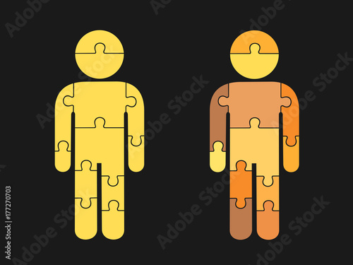Person is composed of puzzle pieces. Metaphor of human genetic engineering and selective manipulation with parts of body 
