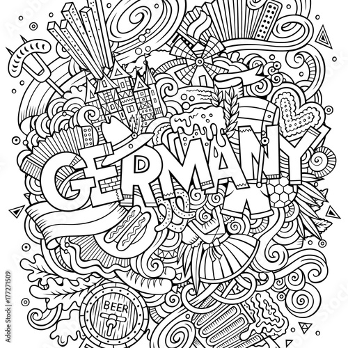 Cartoon cute doodles hand drawn Germany inscription