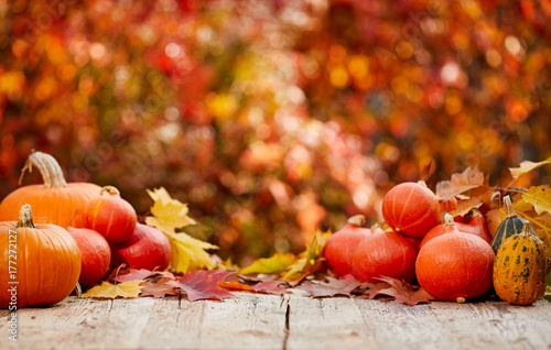 Fotografija pumpkins on a table with autumn leaves
