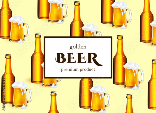 vector poster, banner or placard with full mug and glass bottle of golden lager beer with thick white foam pattern template. Ready for your design mockup. Isolated illustration on a white background.