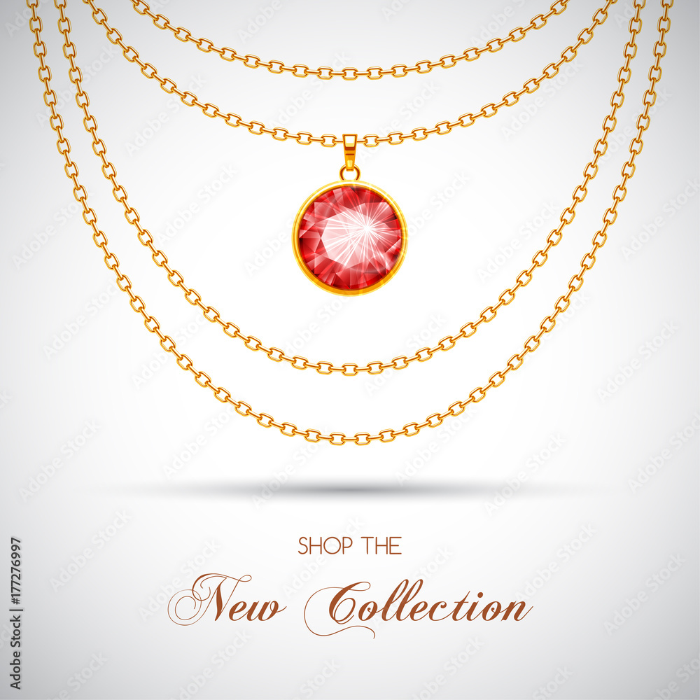 Golden chain necklace with diamond pendant. Vector Illustration Golden chain necklace with diamond pendant. Vector Illustration