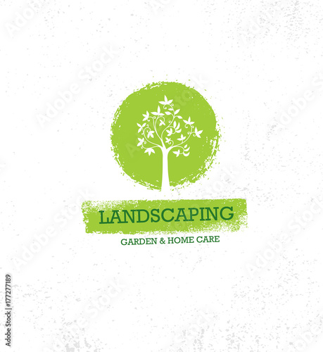 Landscaping Garden And Home Care Creative Organic Vector Old Oak Tree Sign Concept On Rough Grunge Background