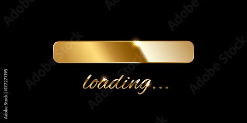 Golden loading sign and loading bar on black background. Vector illustration.