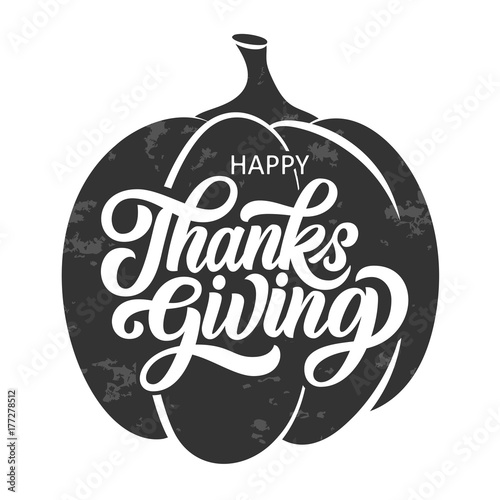 Happy thanksgiving brush hand lettering, on pumpkin chalkboard sketch cartoon. Calligraphy vector illustration. Can be used for holiday design.
