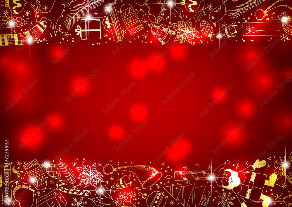 Red Christmas background with golden borders made of doodles items related to the holiday. Red Christmas background with golden borders made of doodles items related to the holiday.