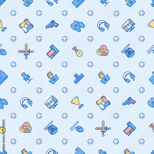 Cybersport seamless pattern with thin line icons: gamer, computer games, pc, headset, mouse, game controller. Modern vector illustration for banner, web page, print media.