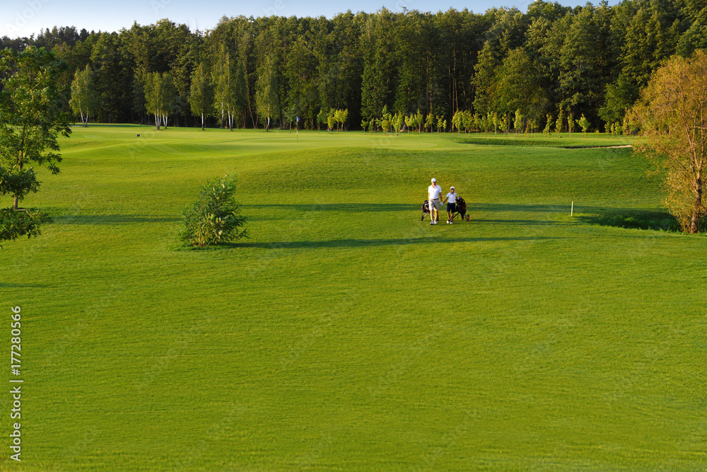 man with his son golfers walking on perfect golf course at summer evening man with his son golfers walking on perfect golf course at summer evening