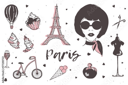 Set of Paris and France elements - stylish Parisian woman, perfume, french croissant, Eiffel Tower, glass of champagne hand drawn in doodle style and isolated on white background. Vector illustration.