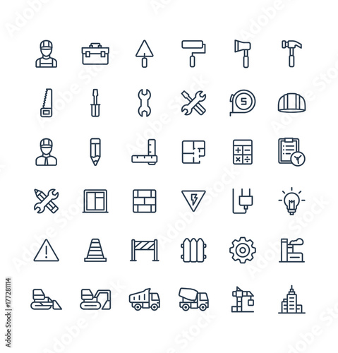 Vector thin line icons set and graphic design elements. Illustration with construction, industrial, architectural, engineering outline symbols. Home repair tools, worker, build linear pictogram