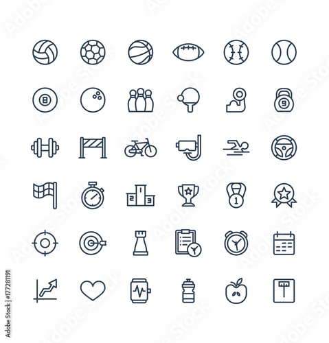 Vector thin line icons set and graphic design elements. Illustration with sport and fitness outline symbols. Ball games, cup medal, award, football, volleyball linear pictograms.