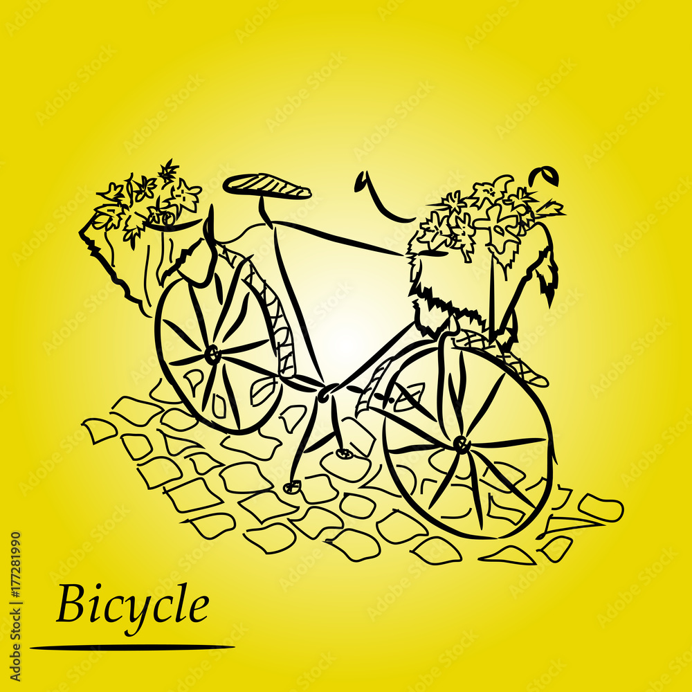 Vecteur Stock Графический рисунок: ретро велосипед с корзиной с цветами на  каменной мостовой на желтом фоне. | Adobe Stock