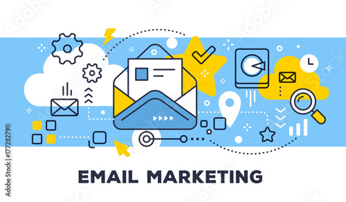 Email marketing concept on blue background with title. Vector illustration of open envelope with letter and icons.