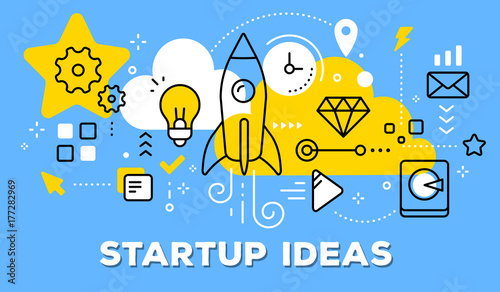 Vector illustration of rocket, light bulb, yellow cloud and icons. Startup ideas concept on blue background with title.