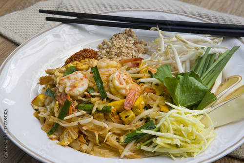 Delicious Thai Fried Noodles with shrimp, egg,and vegetables (Pad Thai), Thailand's dishes. photo