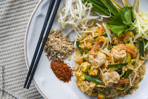 Delicious Thai Fried Noodles with shrimp, egg,and vegetables (Pad Thai), Thailand's dishes.
