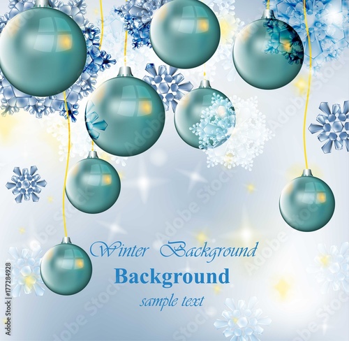 Winter card with Christmas balls and snowflakes. Blue frost ice background
