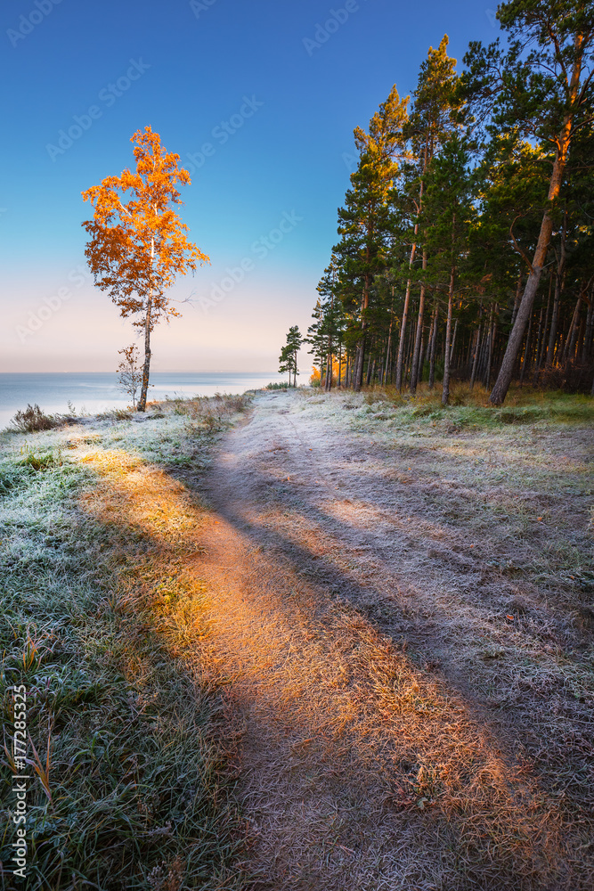 Autumn sunrise on the river Ob. Siberia, Russia