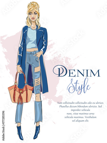 Beautiful fashion girl with denim style logo and advertising text template, runway show, sexy blonde woman wearing blue outfit, sale shopping banner, model sketch, hand drawn vector illustration