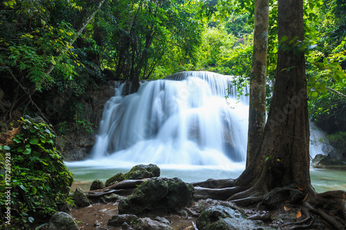 Beautiful Huai Mae Khamin waterfall in the rainy season   Kanchanaburi Province  Thailand.