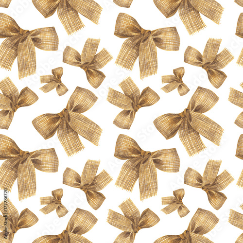 Seamless pattern with Burlap bow and ribbon painted in watercolor on a white background