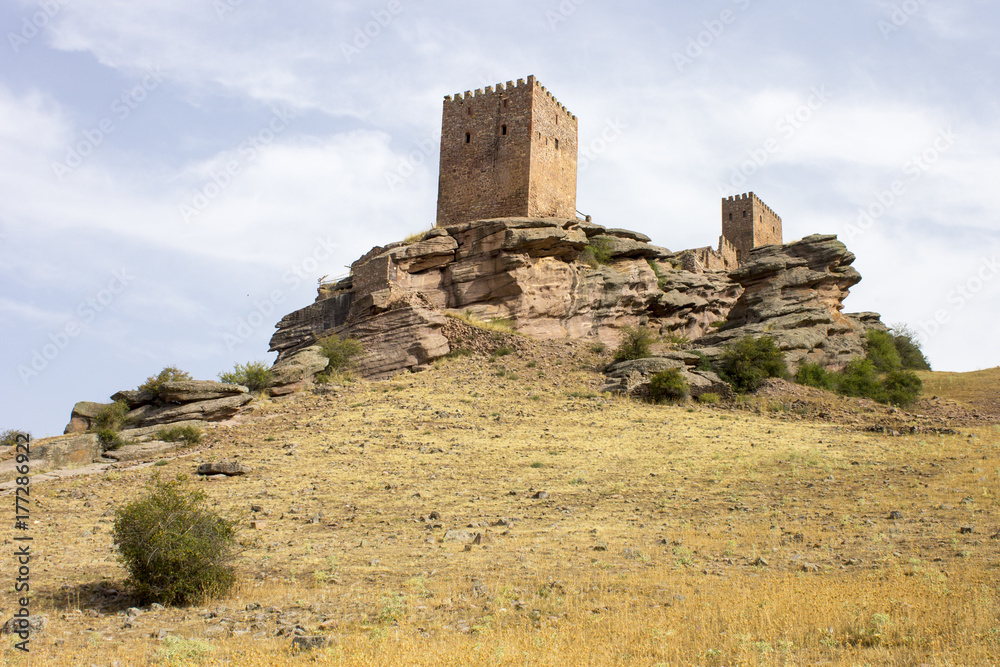 The Castillo de Zafra, a 12th-century castle built on a sandstone outcrop in Sierra de Caldereros, Campillo de Duenas, Castilla La Mancha, Spain