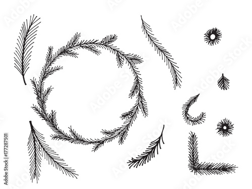 Set of doodle hand drawn seamless borders on white background. Christmas, New Year holiday decor elements.
