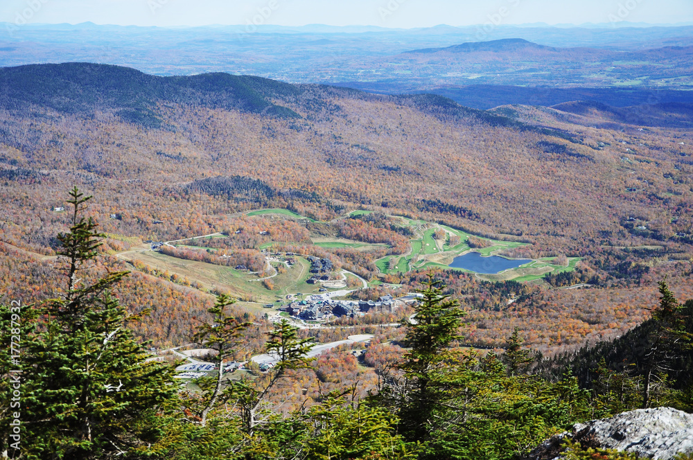 Aerial view of Green Mountain near town of Stowe, viewed from the top of Mount Mansfield, Vermont, USA.