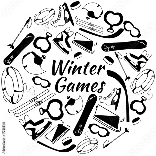 Set with black and white tools of winter sports and games equipment