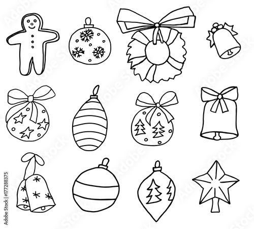 Set christmas decor icon with christmas attributes and traditions in black color vector illustraiton.