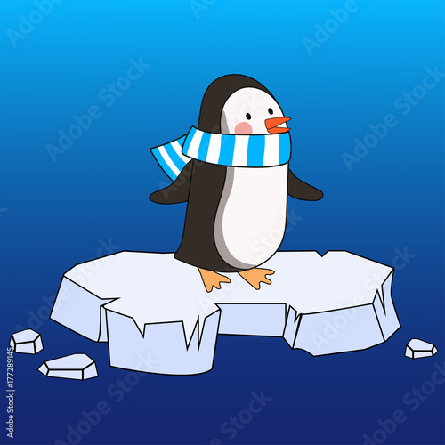 Cartoon penguin in a blue and white scarf on an ice floe Vector illustration