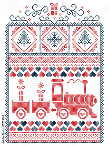 Elegant Christmas Scandinavian, Nordic style winter stitching, pattern including snowflake, heart, gravy train, Christmas tree, Christmas present, snow in red, white, blue in decorative frame 
