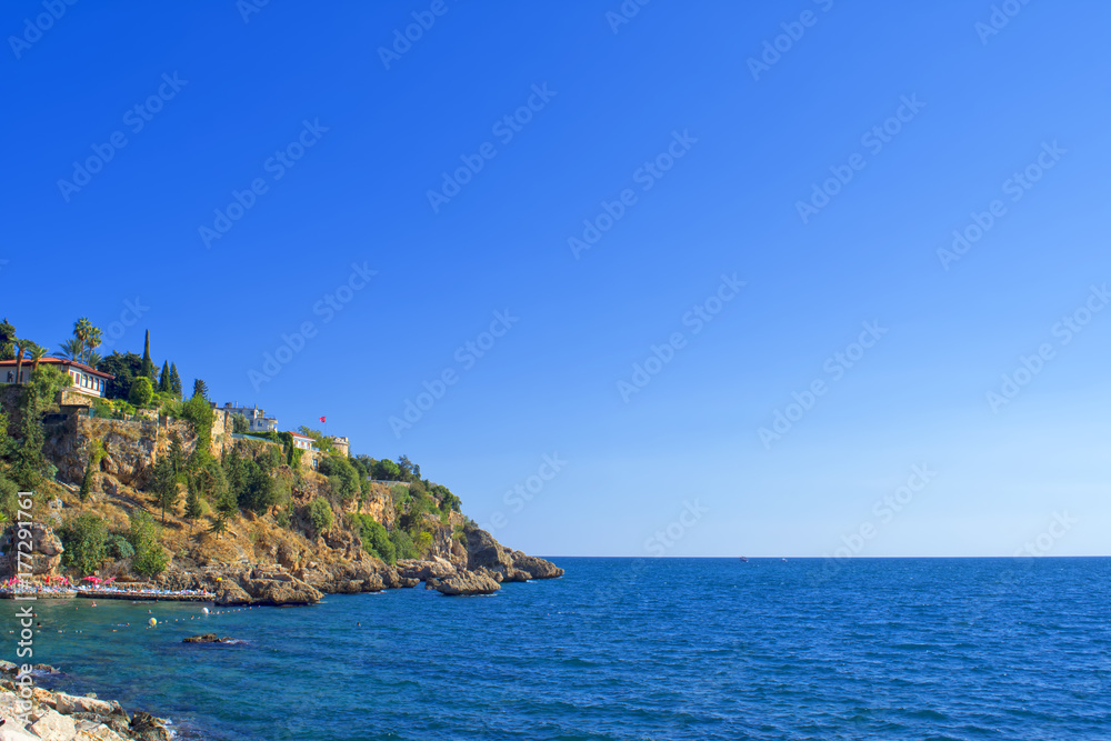 Panoramic view on old town Kaleici and Mediterranean Sea from park. Antalya, Turkey