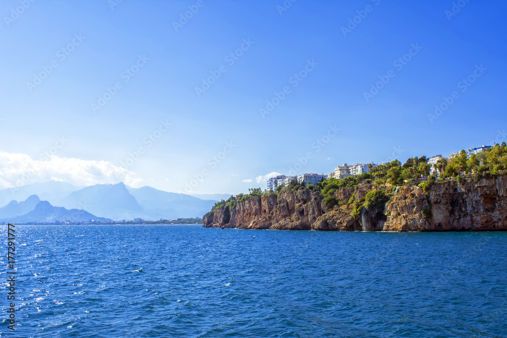 View on mountains from a harbor in old town Kaleici. Antalya, Turkey