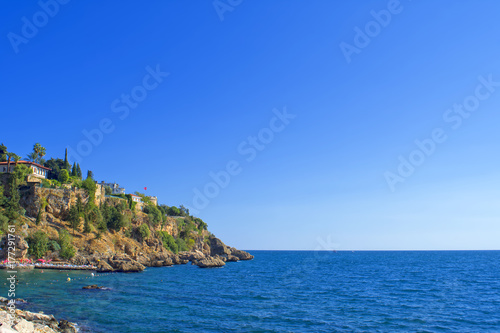 Panoramic view on old town Kaleici and Mediterranean Sea from park. Antalya, Turkey