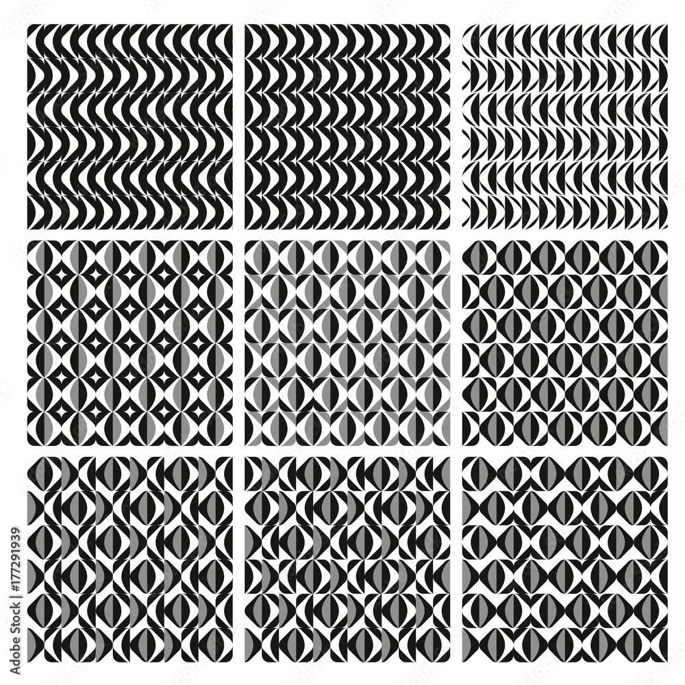 Vector Geometric Seamless Patterns Set. Monochrome Textures.