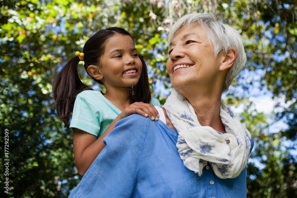 Low angle view of happy grandmother giving piggyback to Low angle view of happy grandmother giving piggyback to