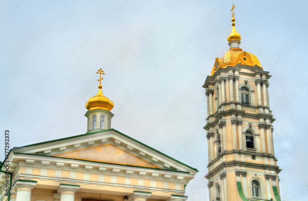 Bell tower of Holy Dormition Pochayiv Lavra in Ternopil Oblast, Ukraine