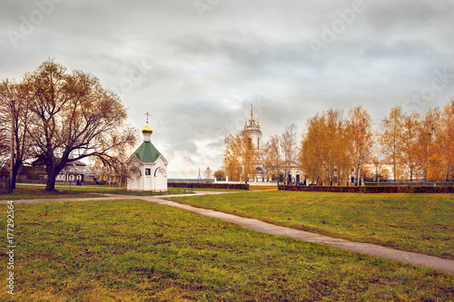 Beautiful autumn landscape with a temple in Russia, of Konstantinovo, the birthplace of Sergei Yesenin.