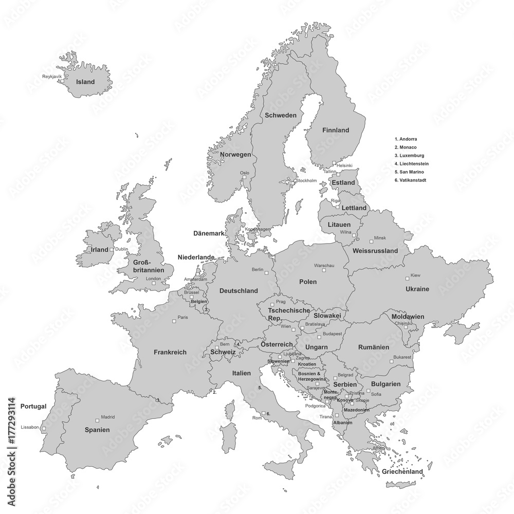 Fototapeta premium Europakarte in Grau mit Beschriftung