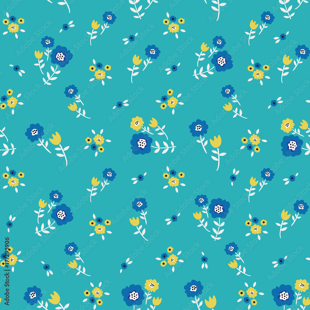 Floral seamless colorful pattern with yellow and blue flowers on teal green background. Ditsy floral background. Elegant and tender vector illustration for print, scrapbooking etc