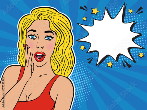 Sexy surprised blond girl in red dress on striped blue background. Comic speech empty bubble with halftone. Colorful vector illustration of woman face  vintage comics design  pop art style background.
