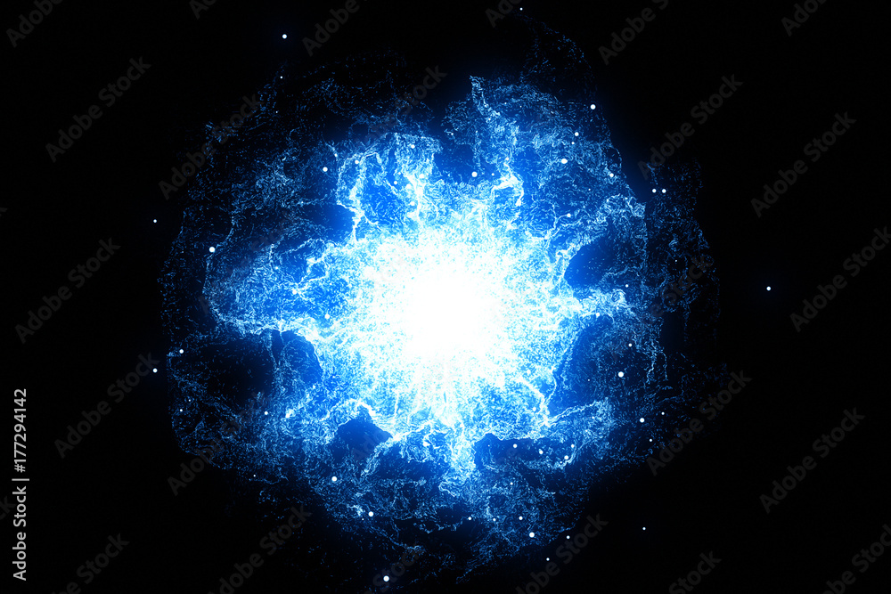 3D rendering, abstract cosmic explosion shockwave blue energy on black background - obrazy, fototapety, plakaty 
