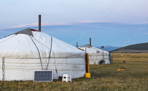 mongolian gers in a landscape photo