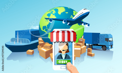 Transportation delivery logistics network via mobile app technology concept. Global shipping of cargo by air trucking rail transportation maritime