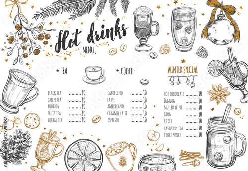 Hot drinks. Vector Christmas Winter collection. Different beverages in sketch style. Coffee, Tea, Mulled wine, Punch, Grog, Cider etc.