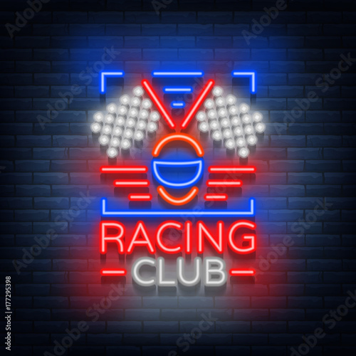 Racing Club neon logo logo. A glowing sign on the theme of the races. Neon sign, light banner. Vector illustration