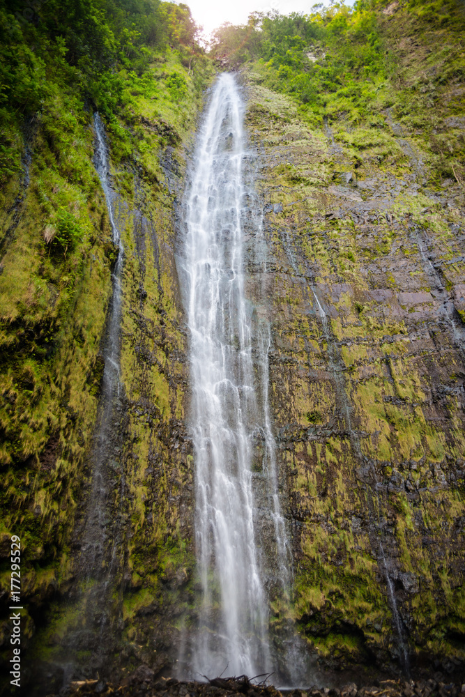Obraz premium Waimoku Falls, waterfall of the Pipiwai Trail above Seven Sacred Pools on the Road to Hana, Maui Hawaii
